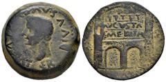 Celtiberian Coins Emerita Augusta. Time of Tiberius. Dupondius. 14-36 AD. Mérida (Badajoz). (Abh-1031). Anv.: DIVVS. AVGVSTVS. PATER. Radiate head of Augustus left. Rev.: City gate, AVGVSTA EMERITA ov