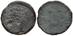 Celtiberian Coins Gades-Gadir. Augustus period. Sestertius. 27 BC - 14 AD. Cadiz. (Abh-1364). Anv.: Head of Hercules left, club behind. Rev.: Pontifical knife, simpulum and ax BALBVS. PONT around. Ae.