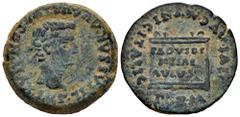 Celtiberian Coins Italica. Time of Tiberius. Unit. 14 - 36 AD. Santiponce (Sevilla). (Abh-1593). (Acip-3333). Anv.: IMP. TI. CAESAR. AVGVSTVS. PON. MAX. Bare head of Tiberius right. Rev.: Altar with l