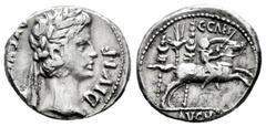 Roman Imperatorial Augustus. Denarius. 8 BC. Lugdunum. (Ffc-21). (Ric-199). (Cal-849). Anv.: AVGVSTVS DIVI. F laureate head of Augustus right. Rev.: C. CAES, above Caius Caesar galloping right, eagle 