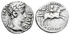 Roman Imperatorial Augustus. Denarius. 8 BC. Lugdunum. (Ffc-21). (Ric-199). (Cal-849). Anv.: AVGVSTVS DIVI. F laureate head of Augustus right. Rev.: C. CAES, above Caius Caesar galloping right, eagle 