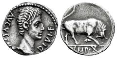 Roman Imperatorial Augustus. Denarius. 15-13 BC. Lugdunum. (Ffc-108). (Ric-167a). (Cal-826). Anv.: AVGVSTVS DIVI. F. bare head of Augustus right. Rev.: IMP. X. in exergue, bull butting right. Ag. 3,72