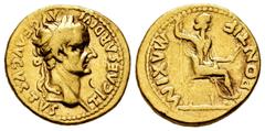 Roman Imperial Tiberius. Aureus. 14-37 AD. Lugdunum. (Ric-I 29). (Bmcre-46). (Cal-305c). Anv.: TI CAESAR DIVI AVG F AVGVSTVS, laureate head to right. Rev.: PONTIF MAXIM, Livia, as Pax, seated to right