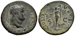 Roman Imperial Nero. Dupondius. 66 AD. Rome. (Ric-I 522). (Bmcre-353). Anv.: IMP NERO CAESAR AVG P MAX TR P P P, laureate head to right, globe at point of bust. Rev.: VICTORIA AVGVSTI, Victory advanci