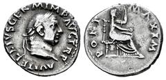 Roman Imperial Vitellius. Denarius. 69 AD. Rome. (Ric-107). (Bmcre-34). (Rsc-72). Anv.: A VITELLIVS GERM IMP AVG TR P, laureate head right. Rev.: PONT MAXIM, Vesta veiled and draped, seated right, hol