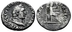 Roman Imperial Vitellius. Denarius. 69 AD. Rome. (Ric-107). (Bmcre-34). (Rsc-72). Anv.: A VITELLIVS GERM IMP AVG TR P, laureate head right. Rev.: PONT MAXIM, Vesta veiled and draped, seated right, hol