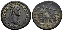 Roman Imperial Domitian. Dupondius. 85 AD. Rome. (Ric-I 262 = II 287). (Ch-11). Anv.: IMP CAES DOMITIAN AVG GERM COS XI, radiate head right, wearing aegis. Rev.: ANNONA AVG, Annona seated right with l