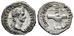 Roman Imperial Nerva. Denarius. 96 AD. Rome. (Ric-II 3). (Bmcre-8). (Rsc-29). Anv.: IMP NERVA CAES AVG P M TR P COS II P P, laureate head to right. Rev.: CONCORDIA EXERCITVVM, clasped hands holding le