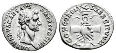 Roman Imperial Nerva. Denarius. 96 AD. Rome. (Ric-II 3). (Bmcre-8). (Rsc-25). Anv.: IMP NERVA CAES AVG P M TR P COS II P P, laureate head to right. Rev.: CONCORDIA EXERCITVVM, clasped hands holding le