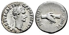 Roman Imperial Nerva. Denarius. 96-98 AD. Rome. (Ric-II 48). (Rsc-96). Anv.: IMP NERVA CAES AVG GERM P M TRP II. Laureate head to right. Rev.: IMP II - COS IIII PP. Clasped hands. Ag. 3,15 g. Scarce. 