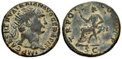Roman Imperial Trajan. Dupondius. 100 AD. Rome. (Ric-II 411). (Woytek-67a). (Bmcre-736). Anv.: IMP CAES NERVA TRAIAN AVG GERM P M, radiate head to right. Rev.: TR POT COS III P P, Abundantia seated to