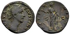 Roman Imperial Diva Faustina. Dupondius. 141 AD. Rome. (Ric-III 1164). (Bmcre-1159). Anv.: DIVA FAVSTINA, draped bust to right. Rev.: AETERNITAS, Providentia standing to left, raising hand and holding