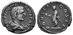 Roman Imperial Geta. Denarius. 209-211 AD. Rome. (Ric-61a). (Rsc-117). Anv.: P SEPTIMIVS GETA CAES, bare-headed and draped bust to right. Rev.: PONTIF COS II, Prince standing to left, holding globe an