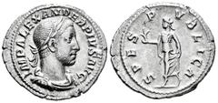 Roman Imperial Severus Alexander. Denarius. 231-235 AD. Rome. (Ric-254). (Seaby-546). Rev.: SPES PVBLICA, Spes walking to left, holding flower and raising skirt. Ag. 3,05 g. Almost XF. Est...90,00. Sp