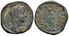 Roman Imperial Severus Alexander. Sestertius. 228 AD. Rome. (Ric-484). Anv.: IMP CAES M AVR SEV ALEXANDER AVG, laureate and draped bust right. Rev.: P M TR P VII COS II P P, emperor standing facing, h