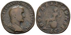 Roman Imperial Gordian II. Sestertius. 238 AD. Rome. (Ric-5). (Bmc-23). (C-9). Anv.: IMP CAES M ANT GORDIANVS AFR AVG Laureate, draped and cuirassed bust to right,. Rev.: ROMAE AETERNAE.Roma seated le