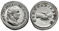 Roman Imperial Balbinus. Antoninianus. 238 AD. Rome. (Ric-10). (Bmcre-67). (Rsc-3). Anv.: IMP CAES D CAEL BALBINVS AVG. Radiate, draped and cuirassed bust right. Rev.: CONCORDIA AVGG. Clasped hands. A