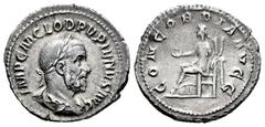 Roman Imperial Pupienus. Denarius. 238 AD. Rome. (Ric-IV 1). (Bmcre-42). (Rsc-6). Anv.: IMP C M CLOD PVPIENVS AVG, laureate, draped and cuirassed bust to right. Rev.: CONCORDIA AVGG, Concordia seated 