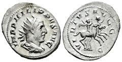 Roman Imperial Philip I. Antoninianus. 244-249 AD. Rome. (Ric-10). Anv.: IMP PHILIPPVS AVG, radiate, draped, cuirassed bust of right. Rev.: VIRTVS AVGG, Philip I and II riding on horseback right; Ԑ in