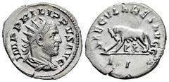 Roman Imperial Philip I. Antoninianus. 248 AD. Rome. (Ric-IV 15). (Rsc-178). Anv.: IMP PHILIPPVS AVG, radiate, draped and cuirassed bust to right. Rev.: SAECVLARES AVGG, she-wolf standing to left, suc