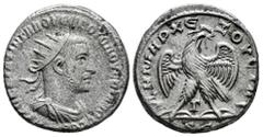 Roman Imperial Philip I. Tetradrachm. 244-249 AD. Antioch. (McAlee-887). (Prieur-319). Rev.: ΔΗΜΑΡΧ ЄΞΟΥCΙΑC / S C Eagle with spread wings standing right on palm frond, holding wreath in beak. Ag. 9,8