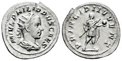 Roman Imperial Philip II. Antoninianus. 244-246 AD. Rome. (Ric-IV 216c). (Rsc-54). Anv.: M IVL PHILIPPVS CAES, radiate, draped and cuirassed bust to right. Rev.: PRINCIPI IVVENT, Prince, in military a