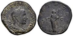 Roman Imperial Trebonianus Gallus. Sestertius. 251-253 AD. Rome. (Ric-IV 114a). Anv.: IMP CAES C VIBIVS TREBONIANVS GALLVS AVG, laureate, draped and cuirassed bust to right. Rev.: LIBERTAS AVGG, Liber