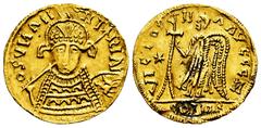 Byzantine Empire Imitation coinage. In the name of Justinianus I. Solidus. Anv.: Frontal bust with shield and spear, around an imitation legend of Justinian, but levigraphic. We are not aware of any o