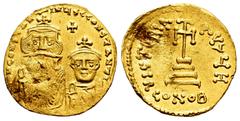 Byzantine Empire Constans II with Constantine IV. Solidus. 654-659 AD. Constantinople. (Doc-26g). (MIB-28). (Sear-960). Anv.: ∂ N CONSƮANƮINЧS C CONSƮANT, crowned facing busts of Constans on left, wit
