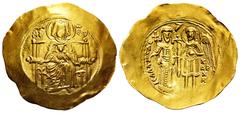 Byzantine Empire Isaac II Angelus. Hyperpyron. 1185-1195 AD. Constantinople. (Doc-1d). (Sear-2001). Anv.: The Virgin Mary seated facing on throne, holding nimbate bust of Holy Infant on breast; MHP mo