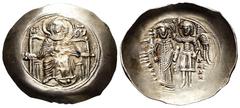 Byzantine Empire Isaac II Angelus. Aspron Trachy. 1185-1195 AD. Constantinople. (Doc-2a). (Sear-2002). Anv.: The Virgin enthroned facing, nimbate and wearing pallium and maphorium, holding nimbate hea