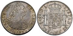 Charles IV (1788-1808) Charles IV (1788-1808). 8 reales. 1797. Santiago. DA. (Cal-1029). Ag. 27,00 g. Slightly cleaned and minor nick on edge, otherwise good and rare specimen. Rara. Ex Aureo&Calico (