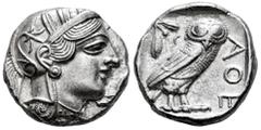 Greek Coins Attica. Tetradrachm. 454-404 a.C. Athens. (Gc-2526). (Sng Cop-31). Anv.: Head of Athena right, wearing crested Attic helmet ornamented with three olive leaves above visor and spiral palmet