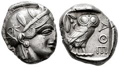 Greek Coins Attica. Tetradrachm. 454-404 a.C. Athens. (Gc-2526). (Sng Cop-31). Anv.: Head of Athena right, wearing crested Attic helmet ornamented with three olive leaves above visor and spiral palmet