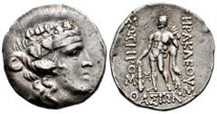 Greek Coins Thrace Islands. Thasos. Tetradrachm. 146 a.C. (Sng Cop-1040/5). (Hgc-6, 359). Anv.: Head of Dionysos right, wearing ivy wreath. Rev.: HPAKΛEOYΣ / ΣΩTHPOΣ / ΘAΣIΩN with Herakles standing le