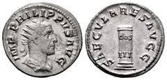 Roman Imperial Philip I. Antoninianus. 248 d.C. Rome. (Ric-IV 24c). (Rsc-193). Anv.: IMP PHILIPPVS AVG, radiate, draped and cuirassed bust to right. Rev.: SAECVLARES AVGG, low column inscribed COS III