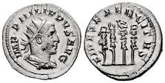 Roman Imperial Philip I. Antoninianus. 247-249 d.C. Rome. (Ric-IV 62). (Rsc-50). Anv.: IMP PHILIPPVS AVG, radiate, draped and cuirassed bust to right. Rev.: FIDES EXERCITVS, four standards. Ag. 3,44 g