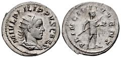 Roman Imperial Philip II. Antoninianus. 244-246 d.C. Rome. (Ric-IV 216c). (Rsc-54). Anv.: M IVL PHILIPPVS CAES, radiate, draped and cuirassed bust to right. Rev.: PRINCIPI IVVENT, Prince, in military 