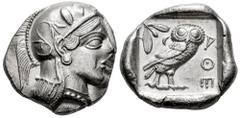 Greek Coins Attica. Tetradrachm. 454-404 BC. Athens. (Gc-2526). (Sng Cop-31). Anv.: Head of Athena right, wearing crested Attic helmet ornamented with three olive leaves above visor and spiral palmett