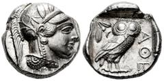 Greek Coins Attica. Tetradrachm. 454-404 BC. Athens. (Gc-2526). (Sng Cop-31). Anv.: Head of Athena right, wearing crested Attic helmet ornamented with three olive leaves above visor and spiral palmett