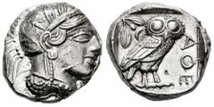 Greek Coins Attica. Tetradrachm. 454-404 BC. Athens. (Gc-2526). (Sng Cop-31). Anv.: Head of Athena right, wearing crested Attic helmet ornamented with three olive leaves above visor and spiral palmett