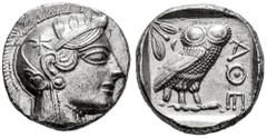 Greek Coins Attica. Tetradrachm. 454-404 BC. Athens. (Gc-2526). (Sng Cop-31). Anv.: Head of Athena right, wearing crested Attic helmet ornamented with three olive leaves above visor and spiral palmett