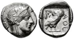 Greek Coins Attica. Tetradrachm. 454-404 BC. Athens. (Gc-2526). (Sng Cop-31). Anv.: Head of Athena right, wearing crested Attic helmet ornamented with three olive leaves above visor and spiral palmett