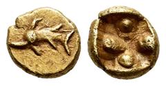 Greek Coins Ionia. Uncertain. 1/96 Stater?. 600-550 BC. (Cf. Rosen-274 (1/12 stater)). Anv.: Dolphin to left. Rev.: Incuse square. Au. 0,56 g. Apparently unpublished in the standard references. Rare. 