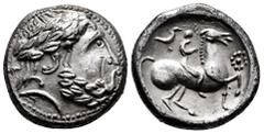 Greek Coins Carpathian region. Uncertain tribe. Tetradrachm. 3rd century BC. Imitating Philip II of Macedon. (Dembski-1266). (Flesche-690). (Lanz-673). Anv.: Celticized laureate head of Zeus to right.