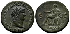 Roman Imperial Nero. Sestertius. 65 AD. Rome. (Ric-277). (Bmc-232). Anv.: NERO CLAVD CAESAR AVG GER PM TR P IMP PP, Laureate bust right. Rev.: ROMA S C, Rome in military dress, seated left on a armour
