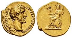 Roman Imperial Antoninus Pius. Aureus. 147 AD. Rome. (Ric-III 159c). (Calicó-1455). Anv.: ANTONINVS AVG PIVS P P TR P COS IIII. Laureate bust to right. Rev.: Roma seated to the left on a shield, holdi