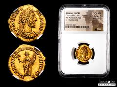 Roman Imperial Commodus. Aureus. 186-187 AD. Rome. (Ric-150). (Calicó-2263). Anv.: M COMM ANT P FEL AVG BRIT. Laureate, draped and cuirassed bust right. Rev.: HILAR AVG P M TR P XII IMP VIII COS V P P