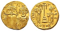 Byzantine Empire Constans II with Constantine IV, Heraclius and Tiberius. Solidus. 661-663 AD. Constantinople. (MIBE-31). (Doc-30e). (Sear-964). Anv.: ∂ N COSƮ..., facing busts of Constans and Constan