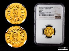 Visigothic Coins Suinthila (621-631). Tremissis. Eliberri (Granada). (Cnv-288.3). (R. Pliego-374c). Anv.: + SVINTILA RE. Rev.: + PIVS ELIBERI. Au. 1,42 g. Slabbed by NGC as MS 61. Attractive specimen.